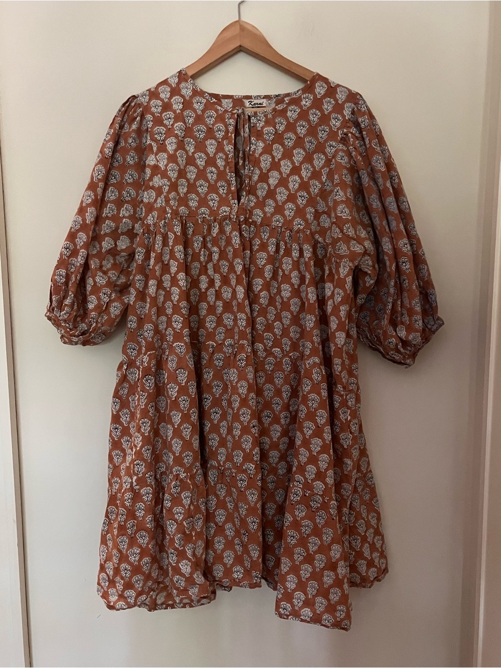 Karni Hand Block Printed Indian Floral Cotton Dress Free Size (3X)